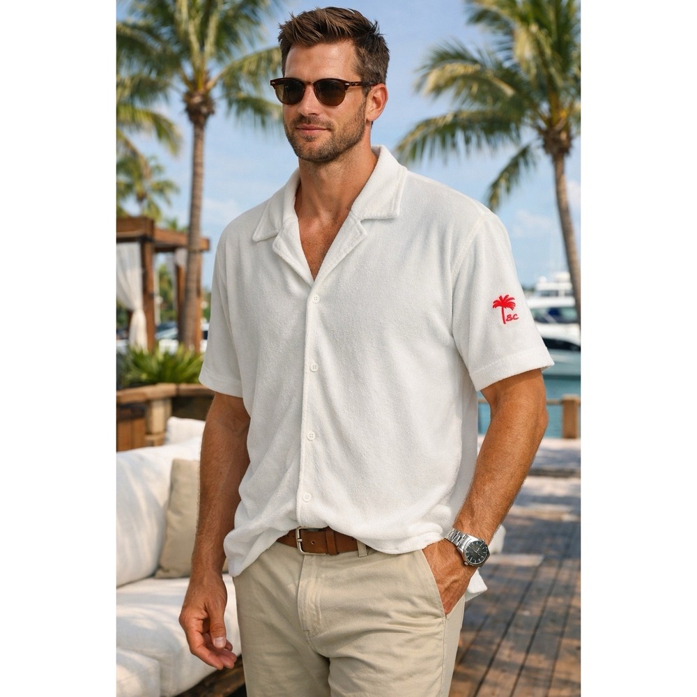 Bugatchi Men Terry Cloth Camp Shirt 2XL White‎ Short Sleeve Palm Logo Summer